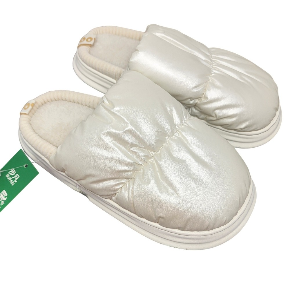 Bufan‎ Metallic Puffy Quilted Slippers Cream Faux Fur Lined Slides Womens 11 NWT